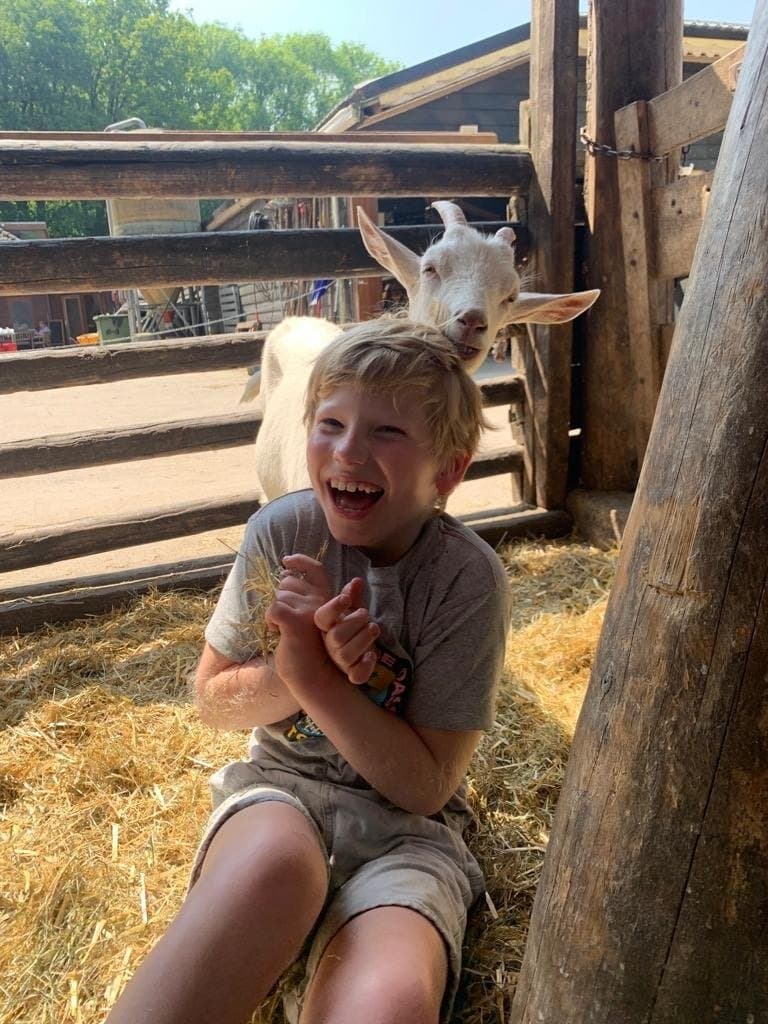 Een kind lacht in het stro, met een geit achter zich op de kinderboerderij